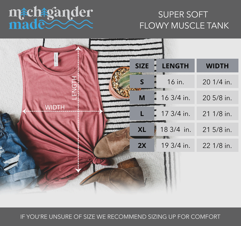 Size chart for the bella and canvas jobbie nooner flowy muscle tank