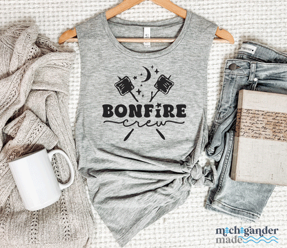 A flowy muscle tank in heather grey with Michigander Made Bonfire design