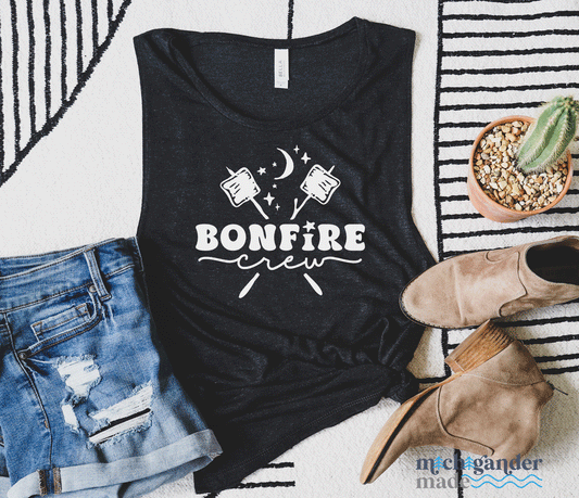 A flowy muscle tank in heather black with Michigander Made Bonfire design