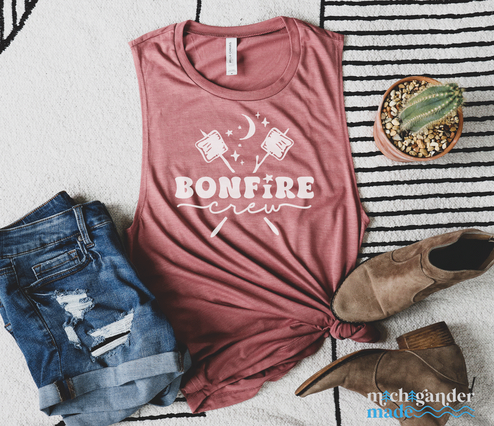A flowy muscle tank in solid mauve with Michigander Made Bonfire design