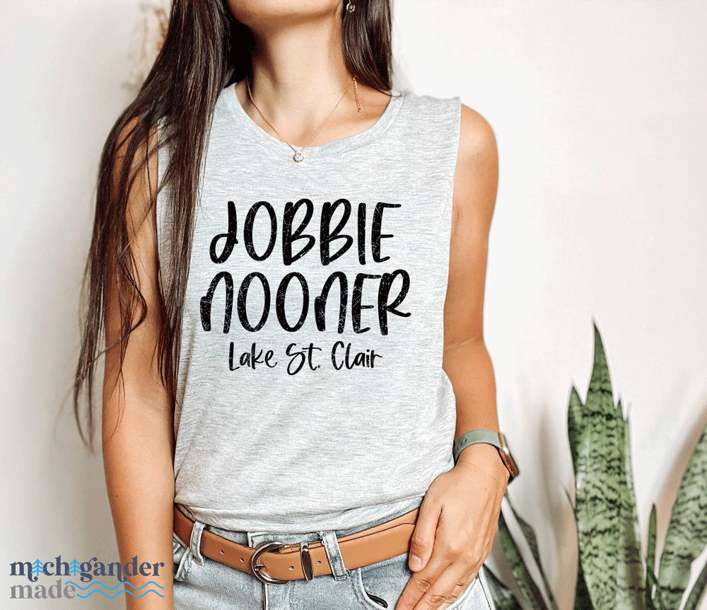 A Bella and Canvas Flowy Muscle Tank in Heather Grey Jobbie Nooner Design by Michigander Made