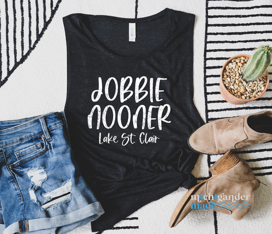 A Bella and Canvas Flowy Muscle Tank in Heather Black Jobbie Nooner Design by Michigander Made