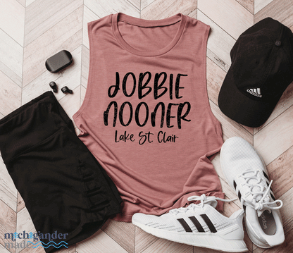 A Bella and Canvas Flowy Muscle Tank in Heather Mauve Jobbie Nooner Design by Michigander Made