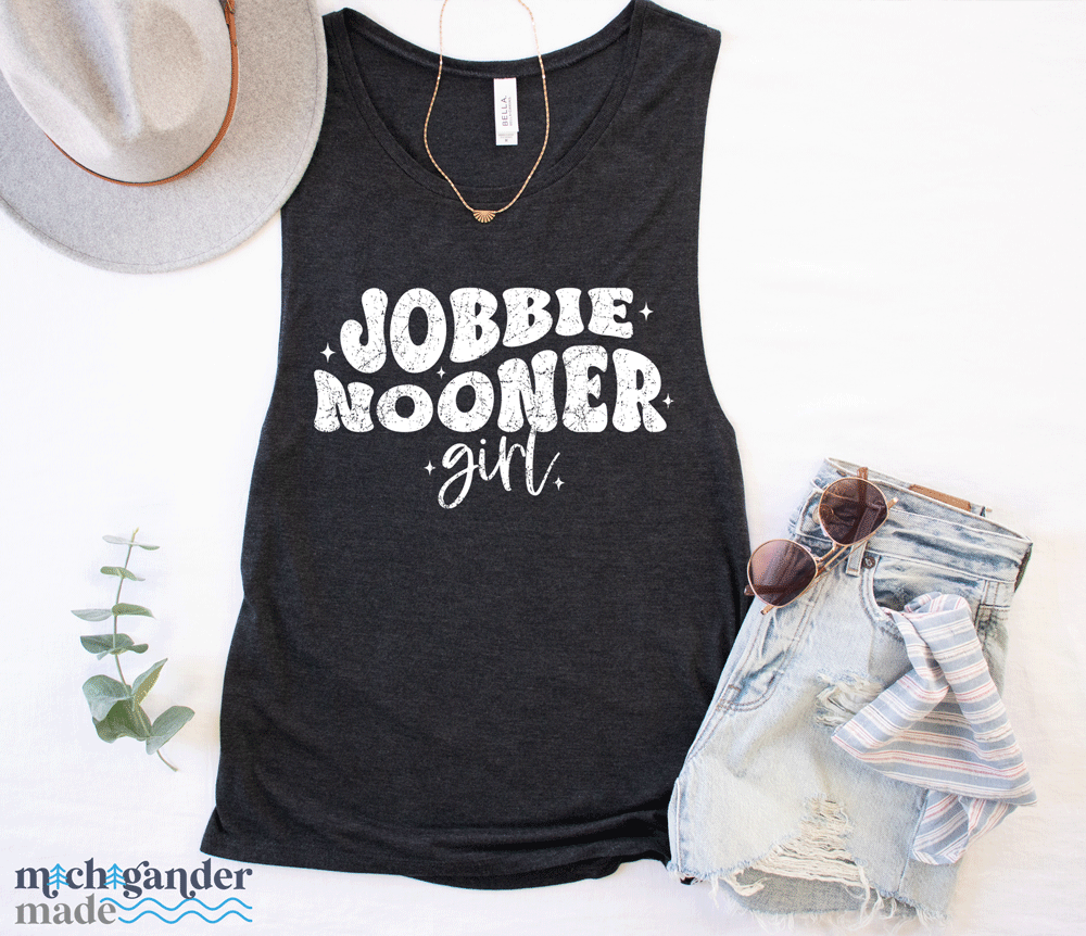A Bella and Canvas Flowy Girl Tank in Heather Black Jobbie Nooner Design by Michigander Made