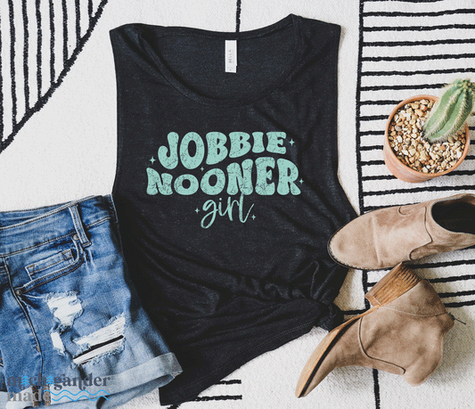 A Bella and Canvas Flowy Girl Tank in Heather Black Jobbie Nooner Mint Logo Design by Michigander Made