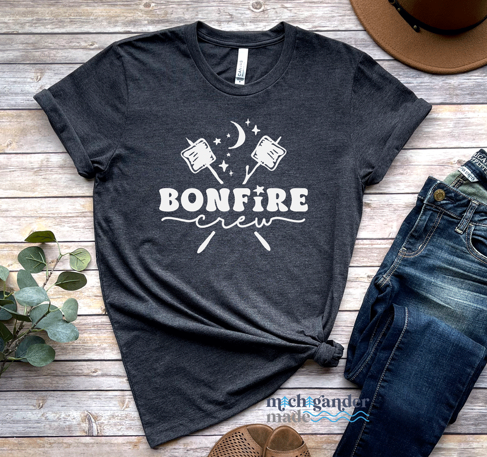 A Bella and Canvas tshirt in dark grey with Michigander Made Bonfire design