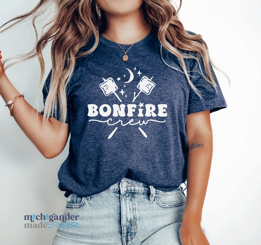 A Bella and Canvas tshirt in heather navy with Michigander Made Bonfire design