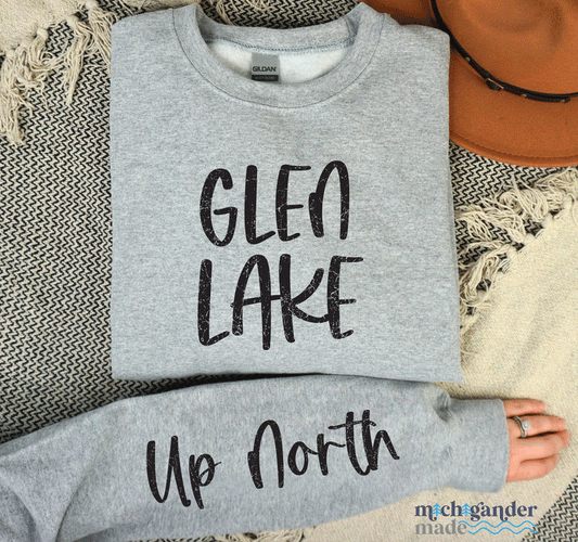 A gildan crew in sport grey for Glen Lake with sleeve print a Michigander Made design