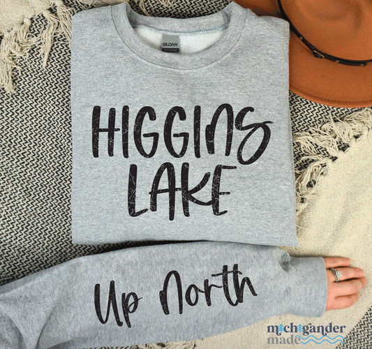 A gildan crew in sport grey for Higgins Lake with sleeve print a Michigander Made design