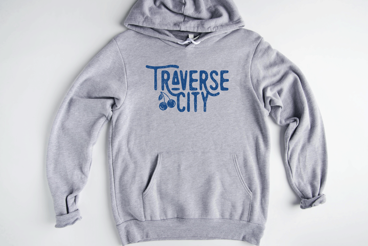 Traverse City fleece hoodie with cherries. Traverse City hoodie with custom logo. Traverse City hoodie.