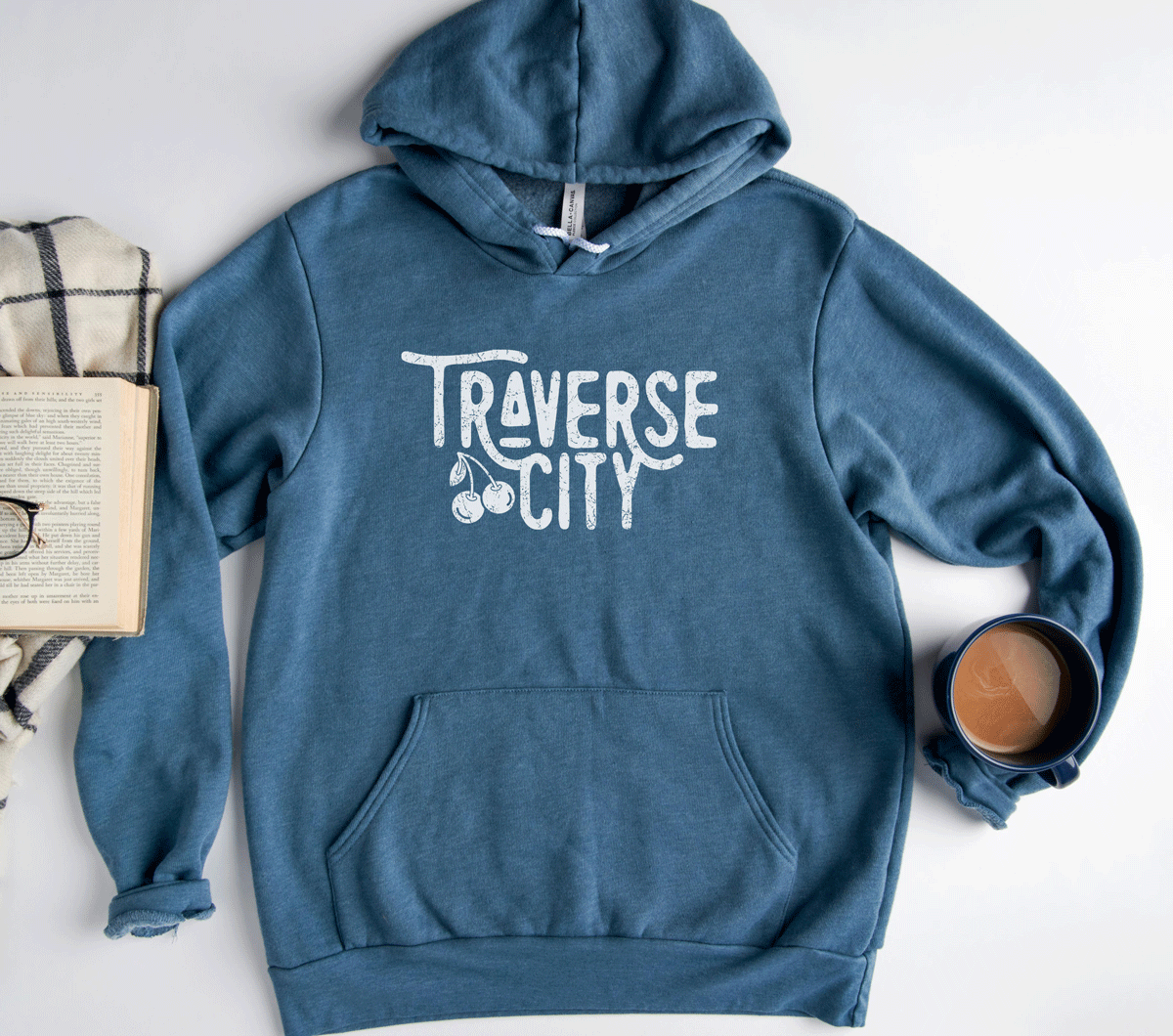 Traverse City fleece hoodie with cherries. Traverse City hoodie with custom logo. Traverse City hoodie.