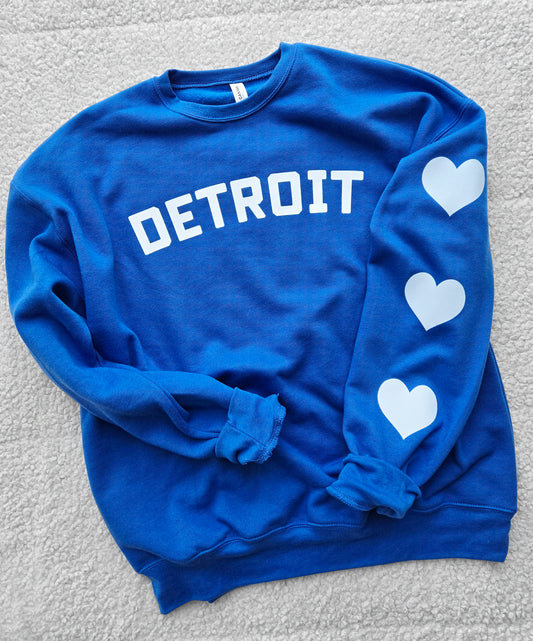 Detroit Lions Blue sweatshirt with hearts on sleeve. Detroit Football sweatshirt.